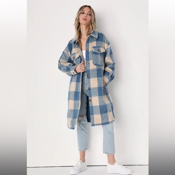 Lulus Snow Day Darling Blue And Cream Plaid Coat - Size XL - Picture 4 of 16